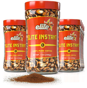 Elite Instant Coffee 7oz pack front—quick, flavorful caffeine boost for busy mornings.
