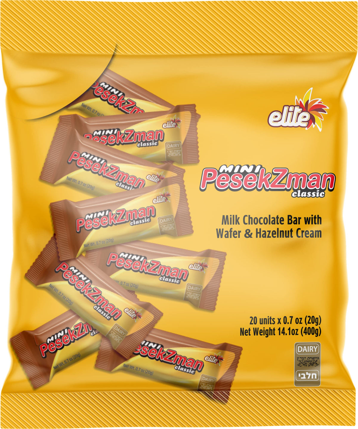 Elite Megadim Pesek Zman mini milk chocolate bars package front, ideal for sharing.