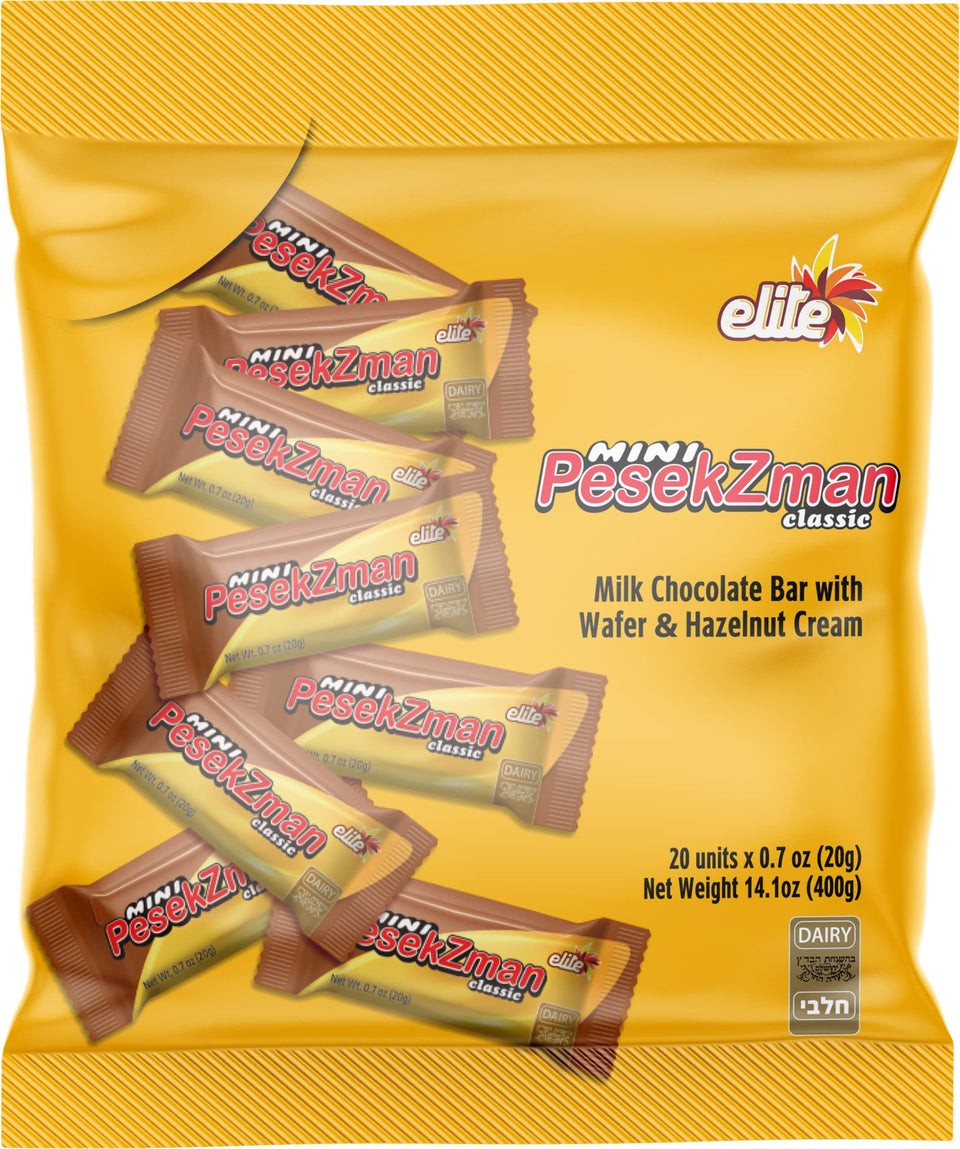 Elite Megadim Pesek Zman mini milk chocolate bars package front, ideal for sharing.