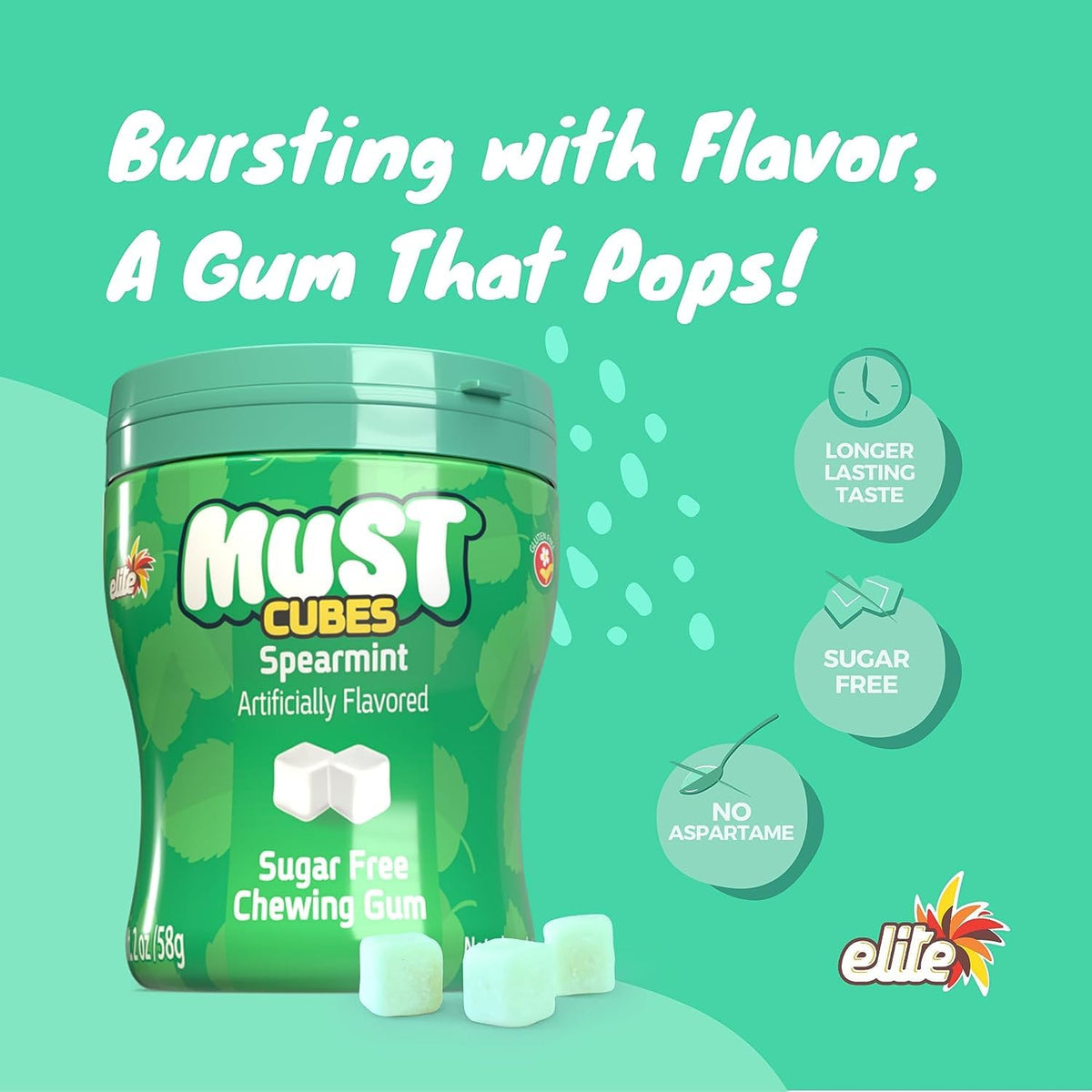 ELITE Must Gum Cubes closeup highlights soft texture and mint aroma.