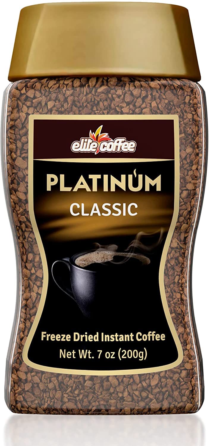 ELITE Platinum freeze-dried coffee in a glass jar with rich aroma