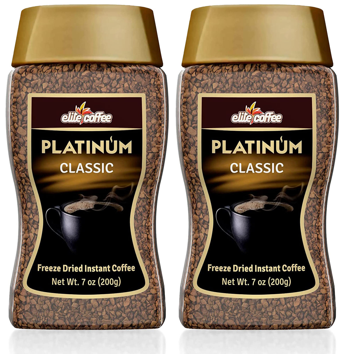 Elite Platinum freeze dried coffee in a glass jar, highlighting premium packaging and rich aroma.