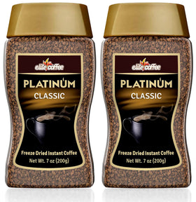 Elite Platinum freeze dried coffee in a glass jar, highlighting premium packaging and rich aroma.