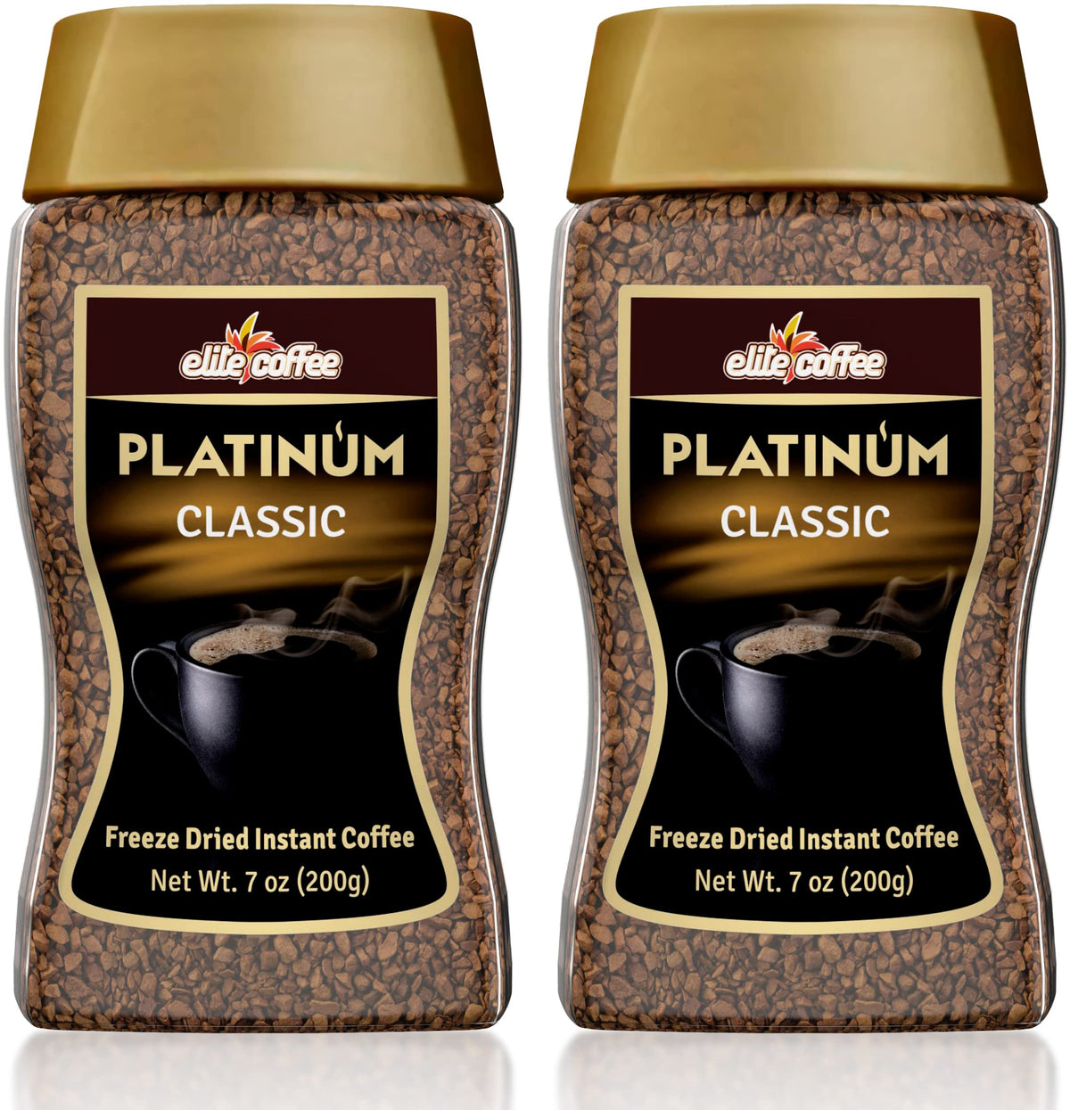 ELITE Platinum freeze-dried instant coffee jar shows rich aroma for quick mornings.