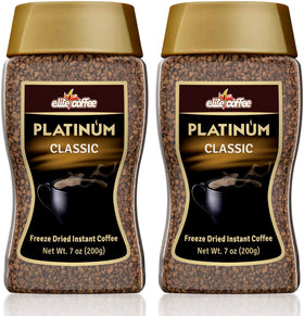 ELITE Platinum freeze-dried instant coffee jar shows rich aroma for quick mornings.
