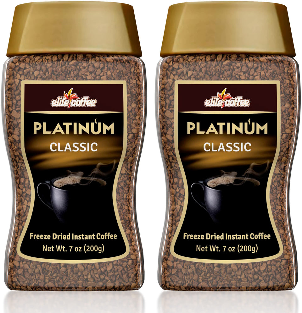ELITE Platinum freeze-dried instant coffee jar shows rich aroma for quick mornings.