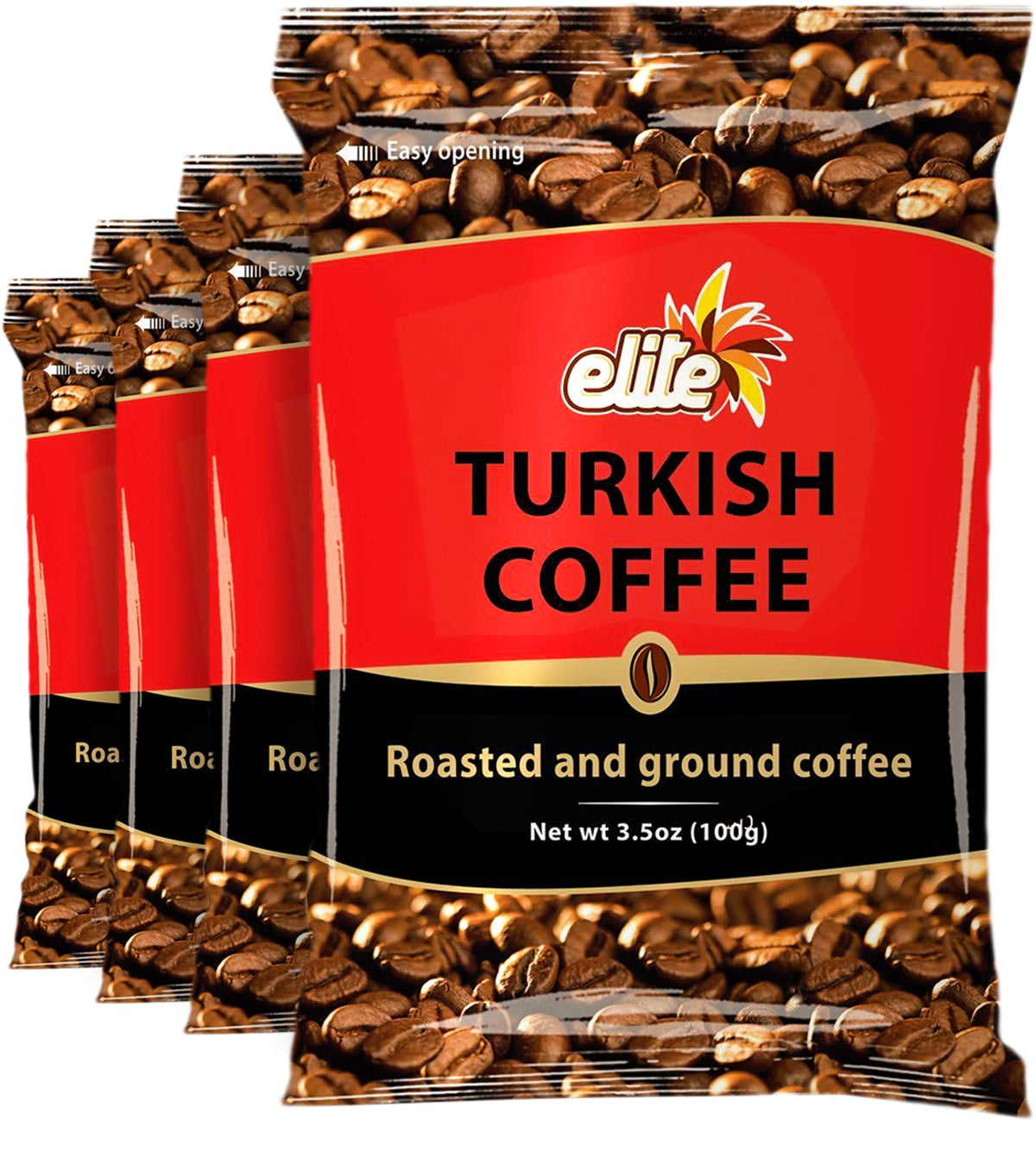 ELITE Turkish coffee 4-pack bag front view, bold aroma for morning rituals
