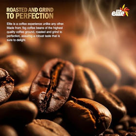 ELITE Turkish coffee packaging display highlighting freshness and small-batch quality.