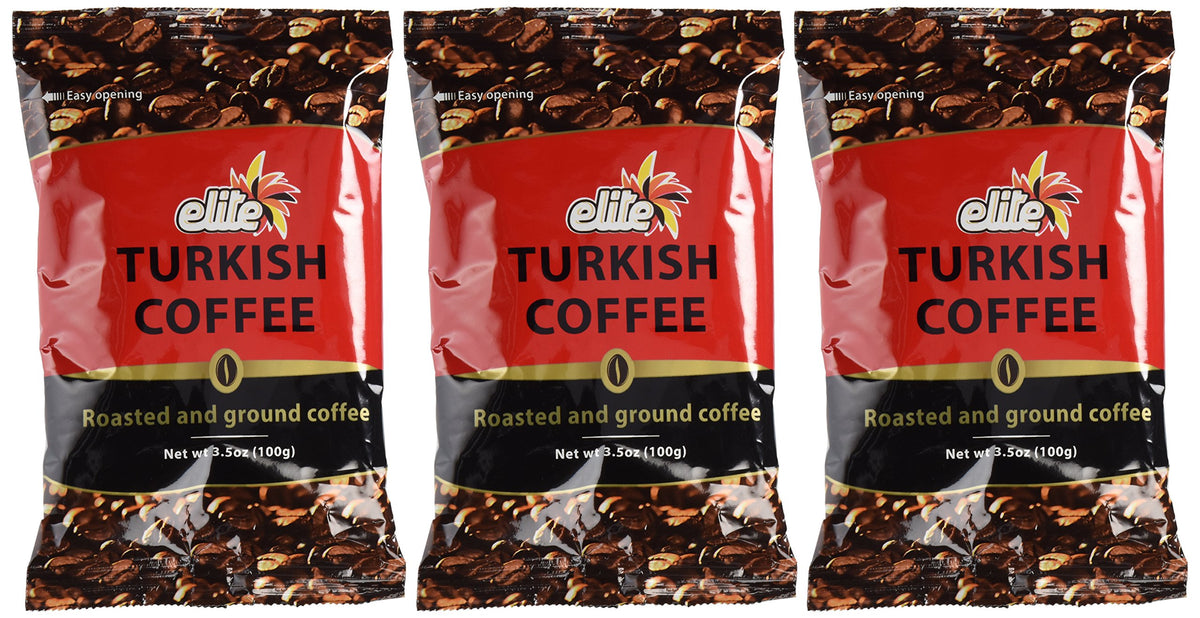 Elite Turkish Coffee three-pack packaging with rich aroma and easy portioning.