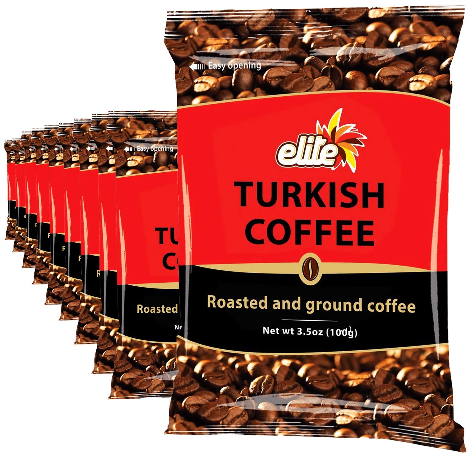 ELITE Turkish Ground Coffee bag on premium packaging signaling bold mornings.