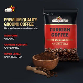 ELITE Turkish Ground Coffee powder close-up highlighting ultra-fine grind and rich aroma.