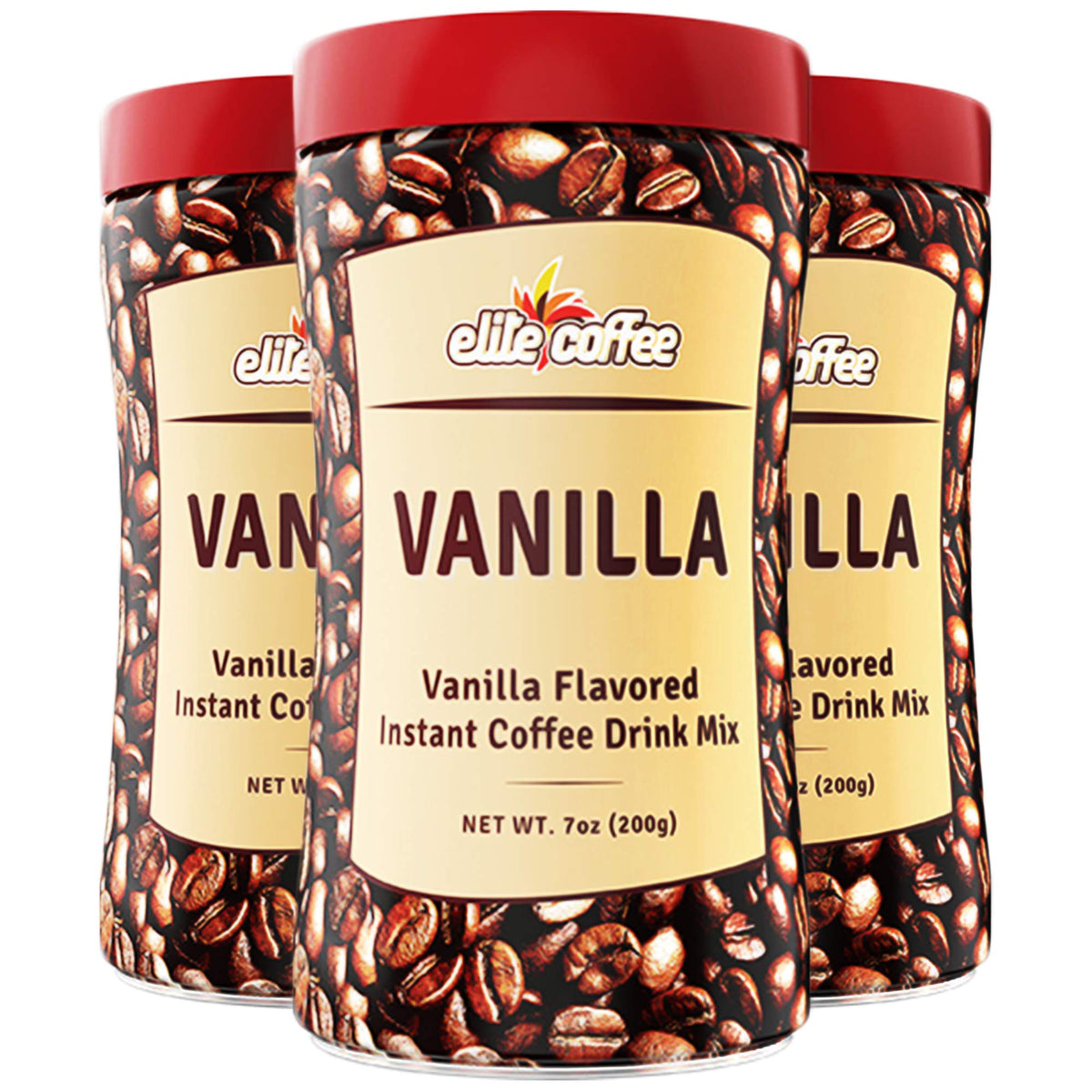 ELITE vanilla instant coffee in a resealable tin for quick mornings.