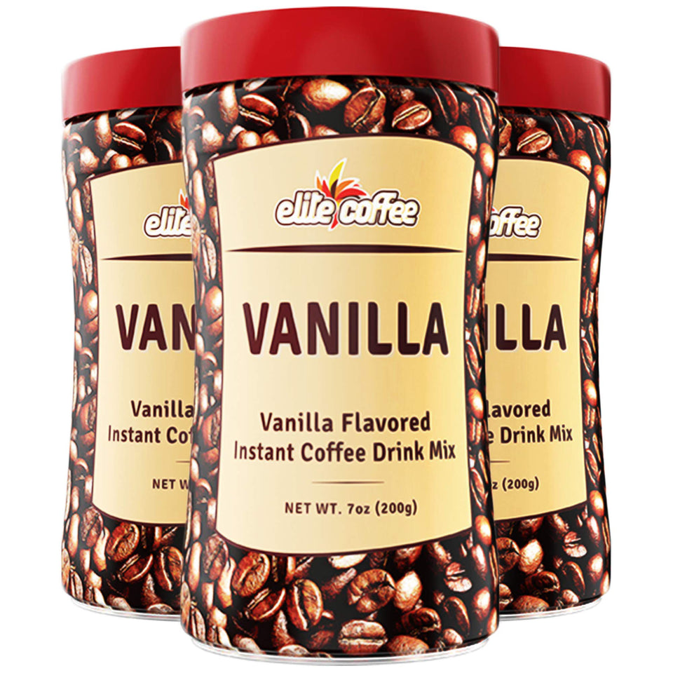 ELITE vanilla instant coffee in a resealable tin for quick mornings.