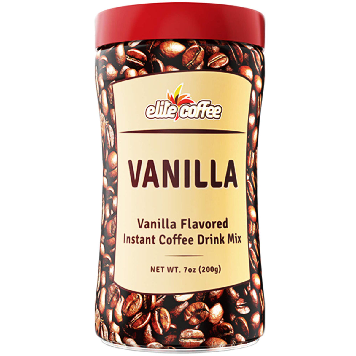 Pour-ready ELITE vanilla instant coffee being poured from the tin for fast drinks.