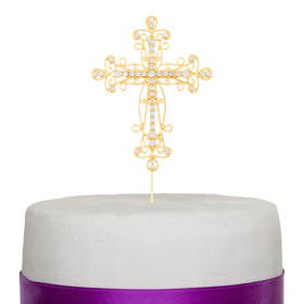 Ella Celebration cross topper in gold front view enhances wedding dessert presentation.