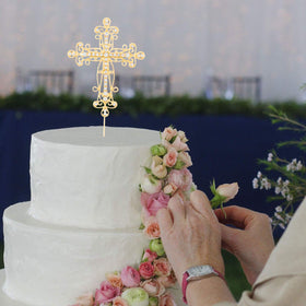 Side-angle view of Ella Celebration cross topper shows durable metal construction.