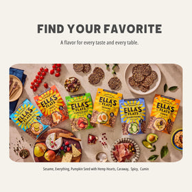 ELLA'S FLATS All Seed Savory Crisp seeds closeup highlights protein-rich crunch for snacks.