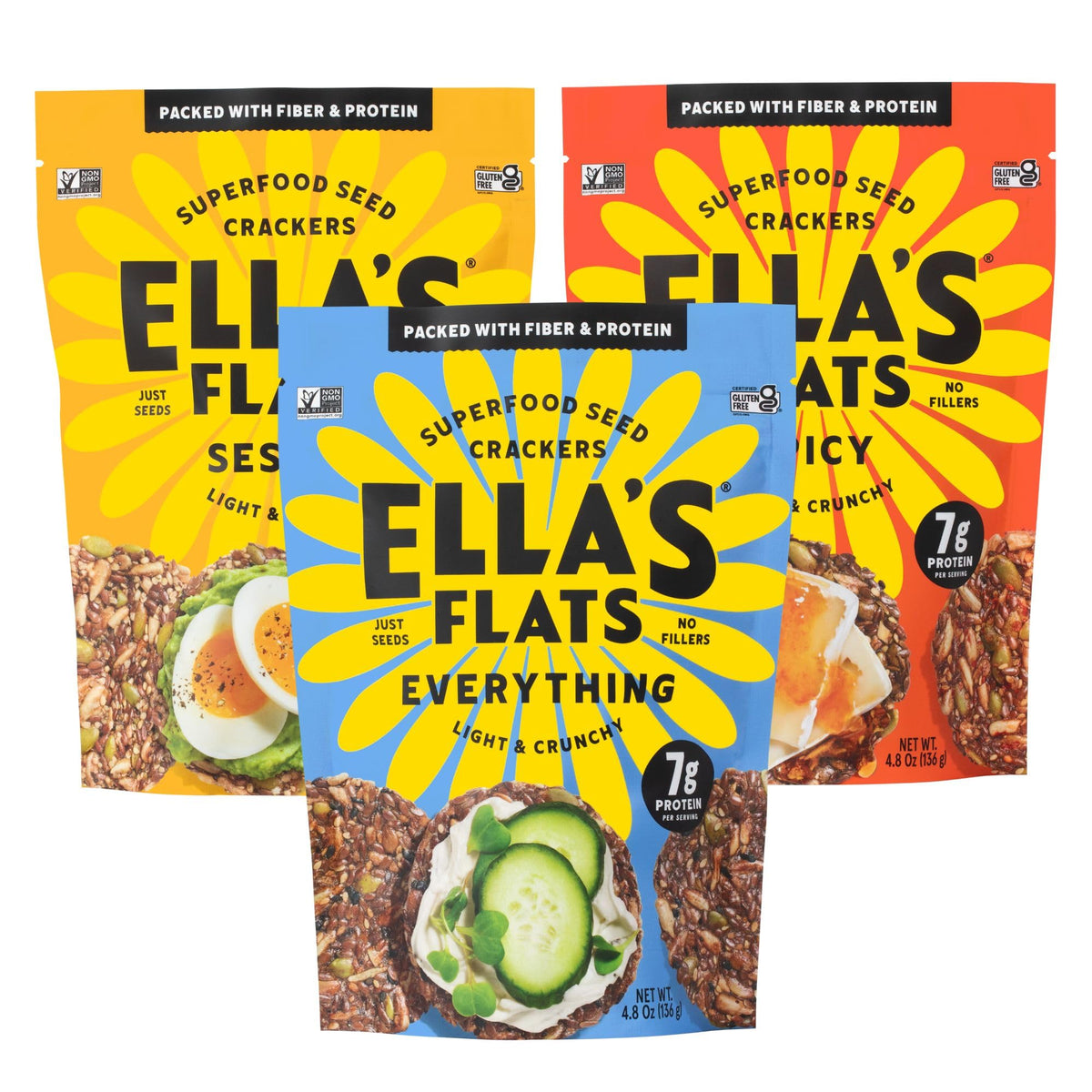 ELLA'S FLATS All Seed Savory Crisp sesame front pack highlights gluten free snacking benefits.