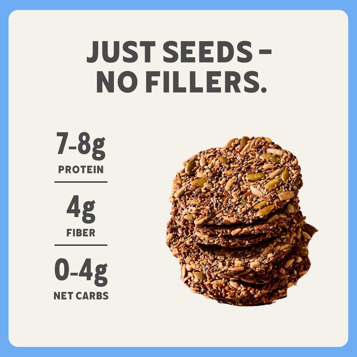 ELLA'S FLATS All Seed Savory Crisp variety pack shows three flavors for versatile snacking.