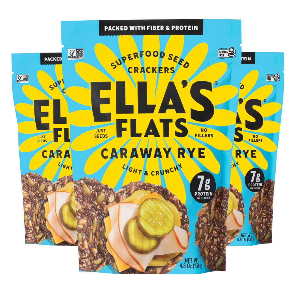 Ella's Flats Caraway Seed Crisps pack front highlights gluten-free and protein-rich snack.