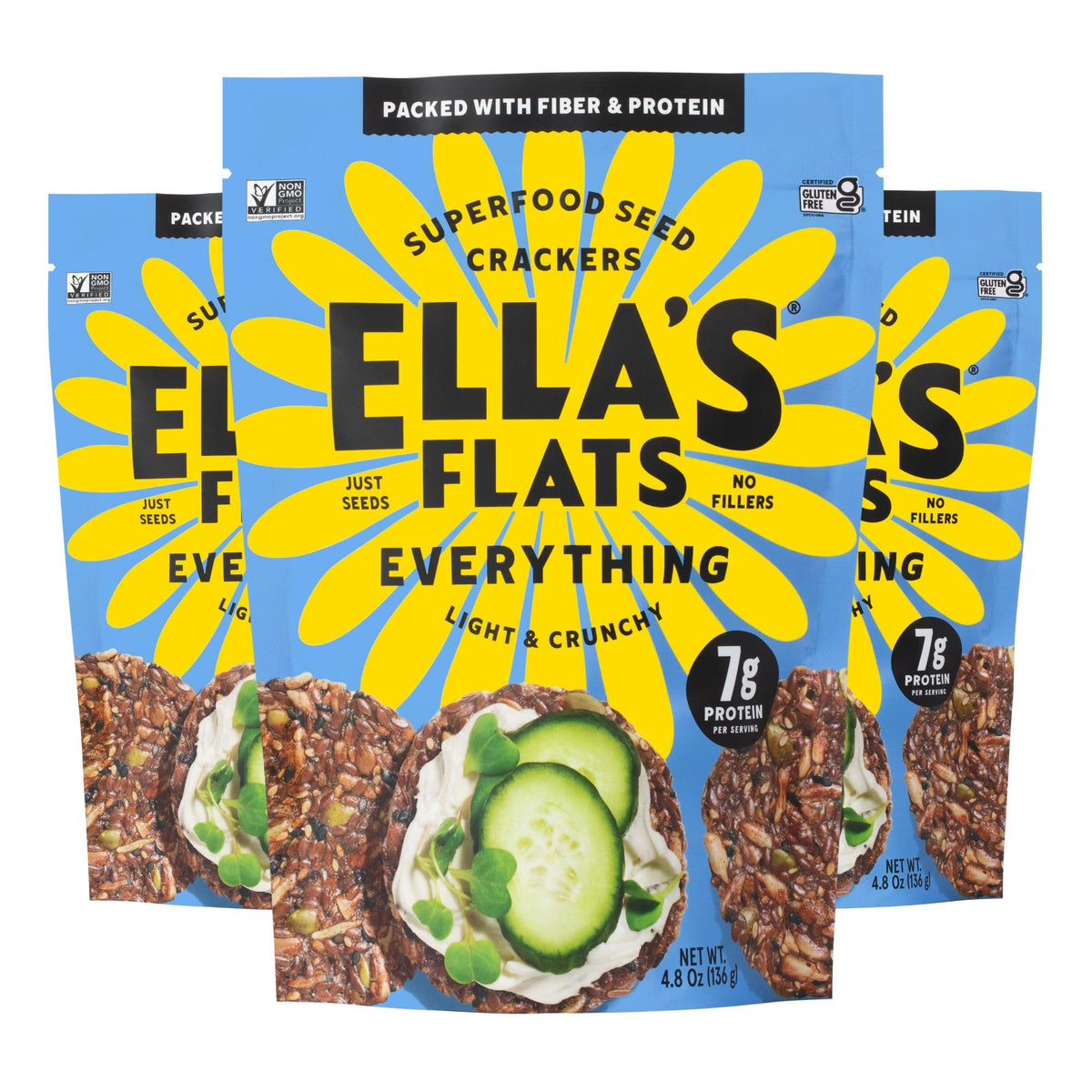 ELLA'S FLATS Everything Seed Savory Crisps packaging shows all-natural ingredients and a gluten-free option.