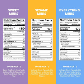 Ella’s Flats Minis Everything and Sweet close-up showcases bold flavors for balanced snacks