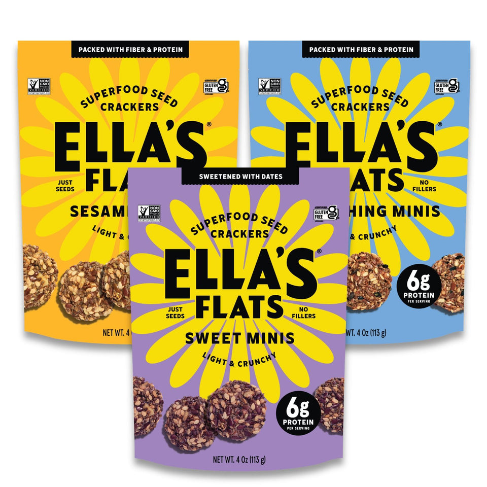 Ella’s Flats Minis variety pack packshot showing three flavors for versatile snacking