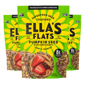 Ella’s Flats pumpkin seed hemp crisps on a plate, bright crunch for a quick protein bite