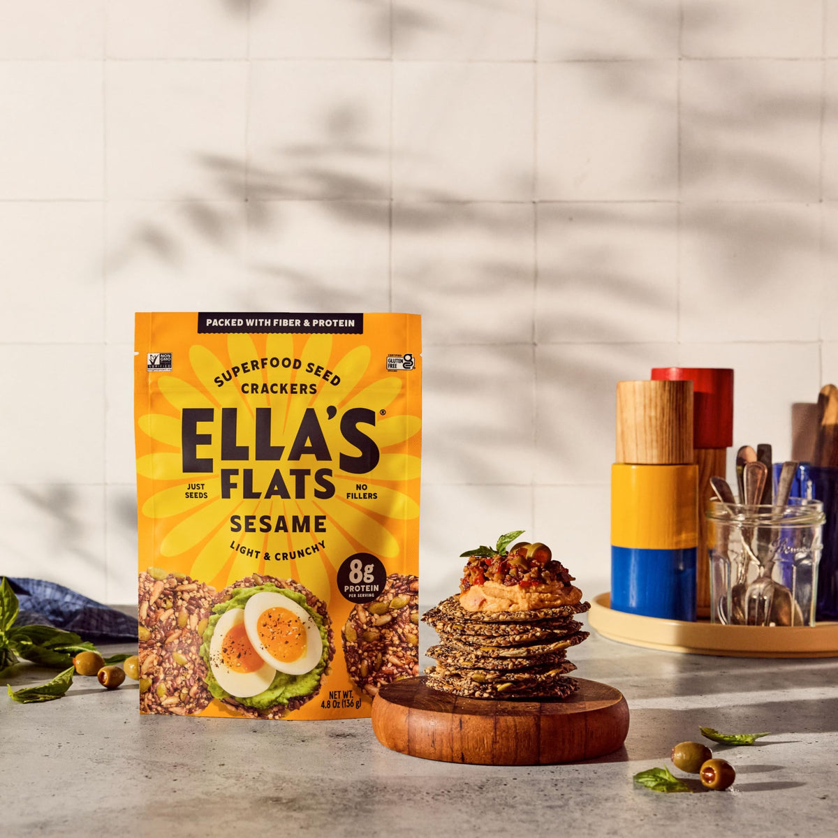 Ella’s Flats Sesame All Seed Crisps close-up reveals seed texture for a high-fiber bite