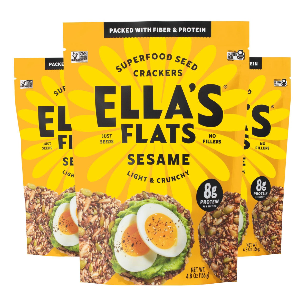 Ella’s Flats Sesame All Seed Crisps pack shot highlights a protein-rich, gluten-free snack