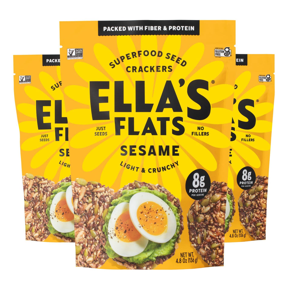 Ella’s Flats Sesame All Seed Crisps pack shot highlights a protein-rich, gluten-free snack