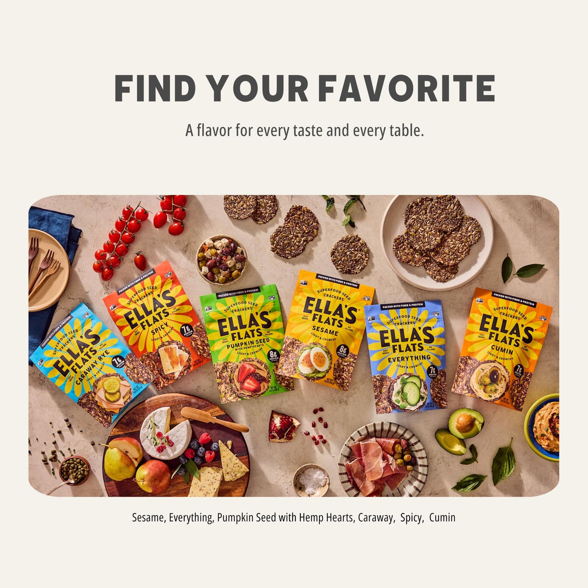 ELLAS FLATS final product image conveys gluten-free, high-fiber snack appeal.