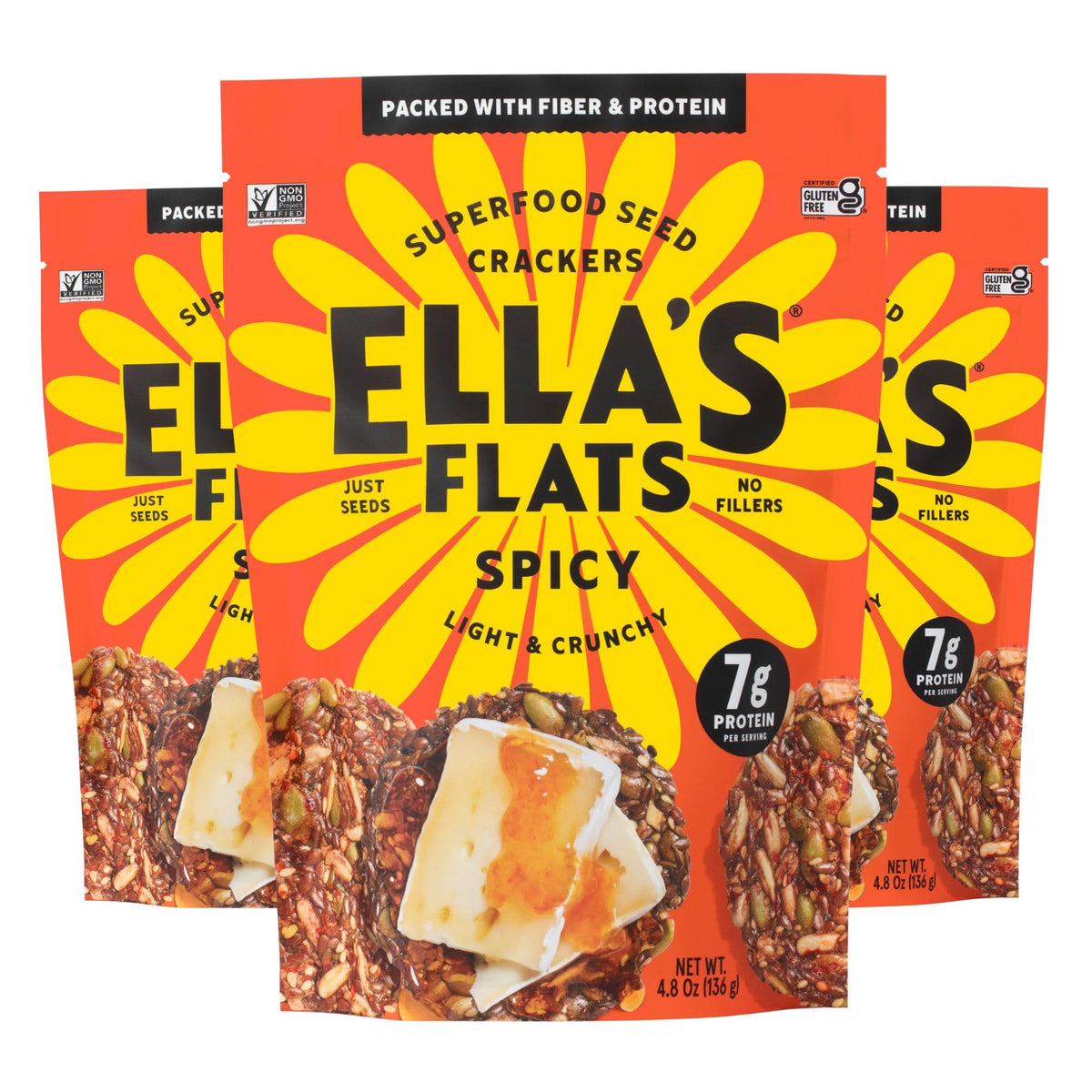 ELLAS FLATS Spicy Flats pack front highlights seed blend for a bold, crunchy snack.