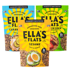 Ella's Flats sesame crisps in resealable pouch for on-the-go snacking.