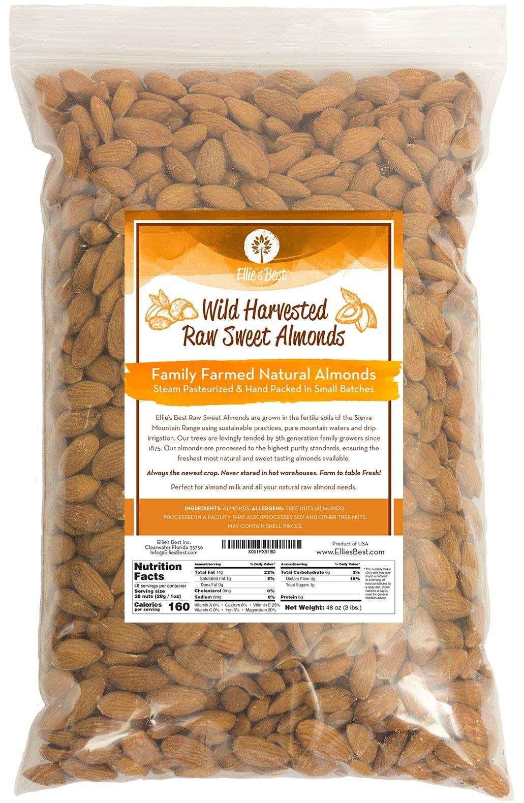 Ellie's Best raw almonds, sweet wild harvested, perfect for snacking and fresh almond milk