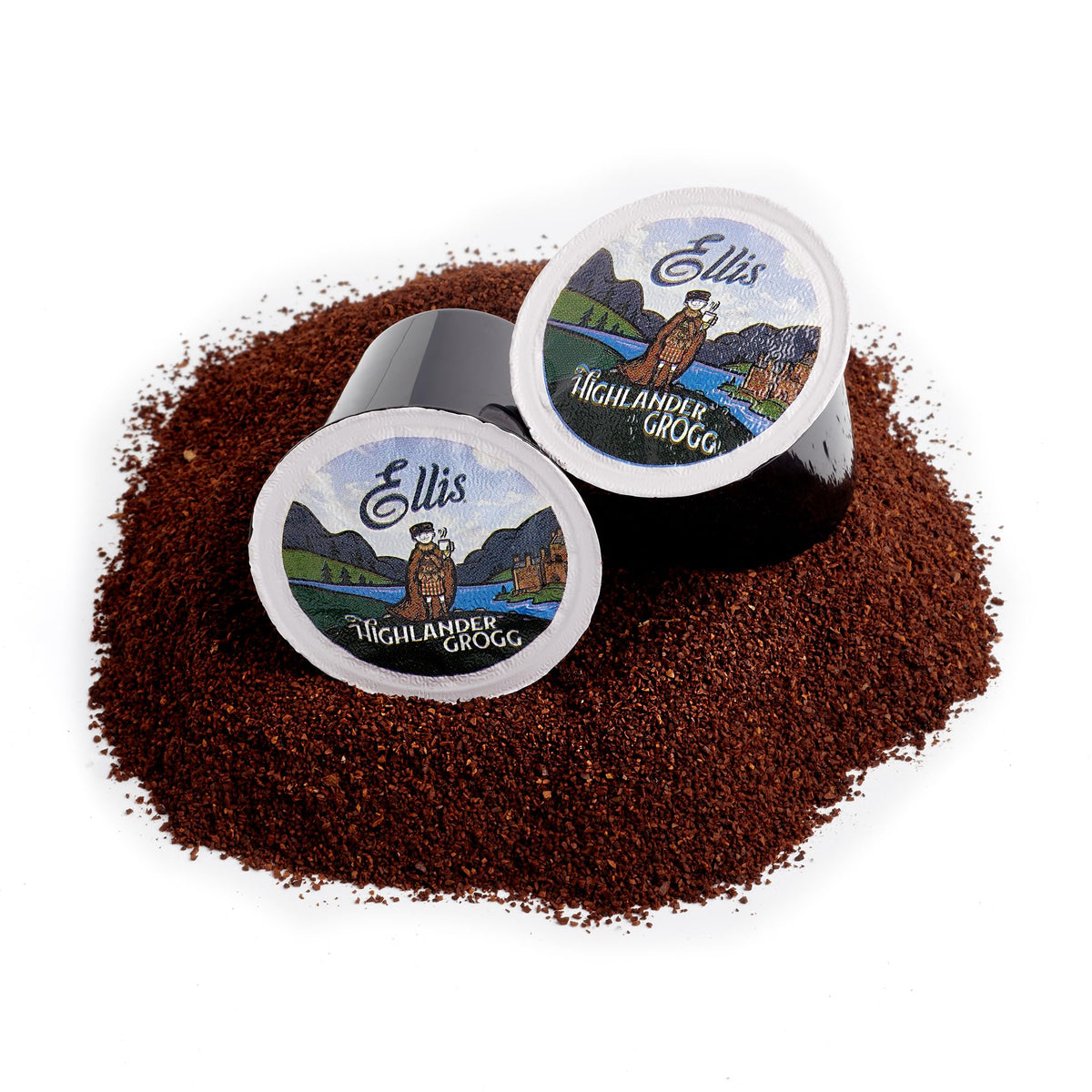 Ellis Coffee Highlander Grogg packaging on box showcasing flavors
