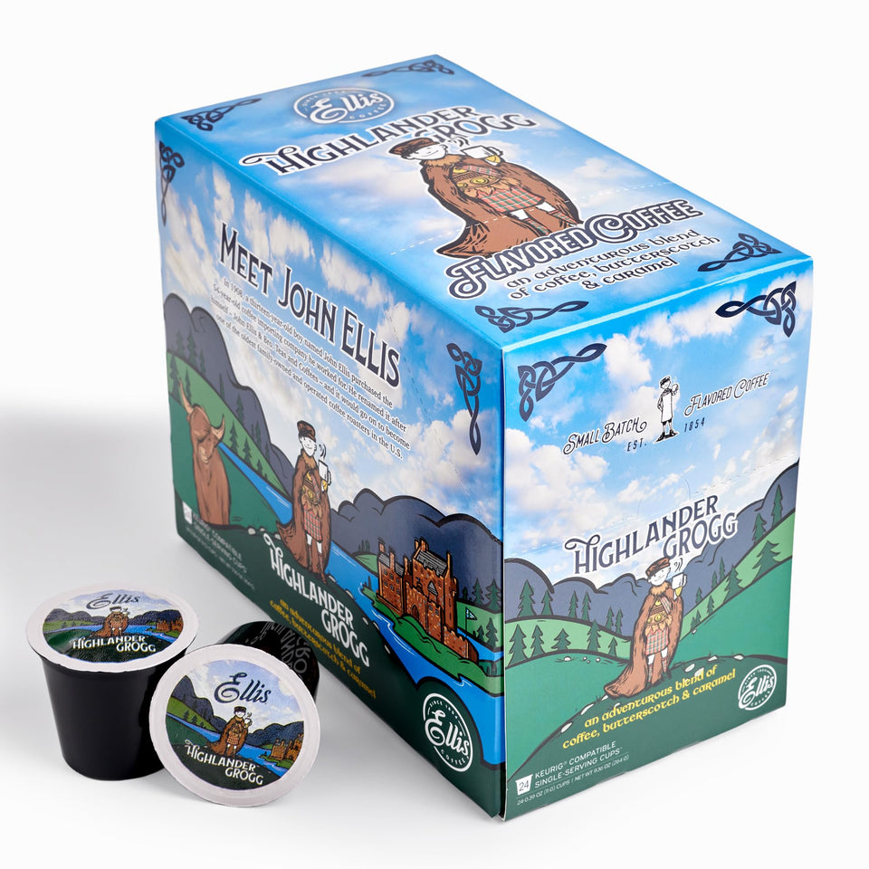 Ellis Coffee Highlander Grogg pod close-up highlighting indulgent flavor notes