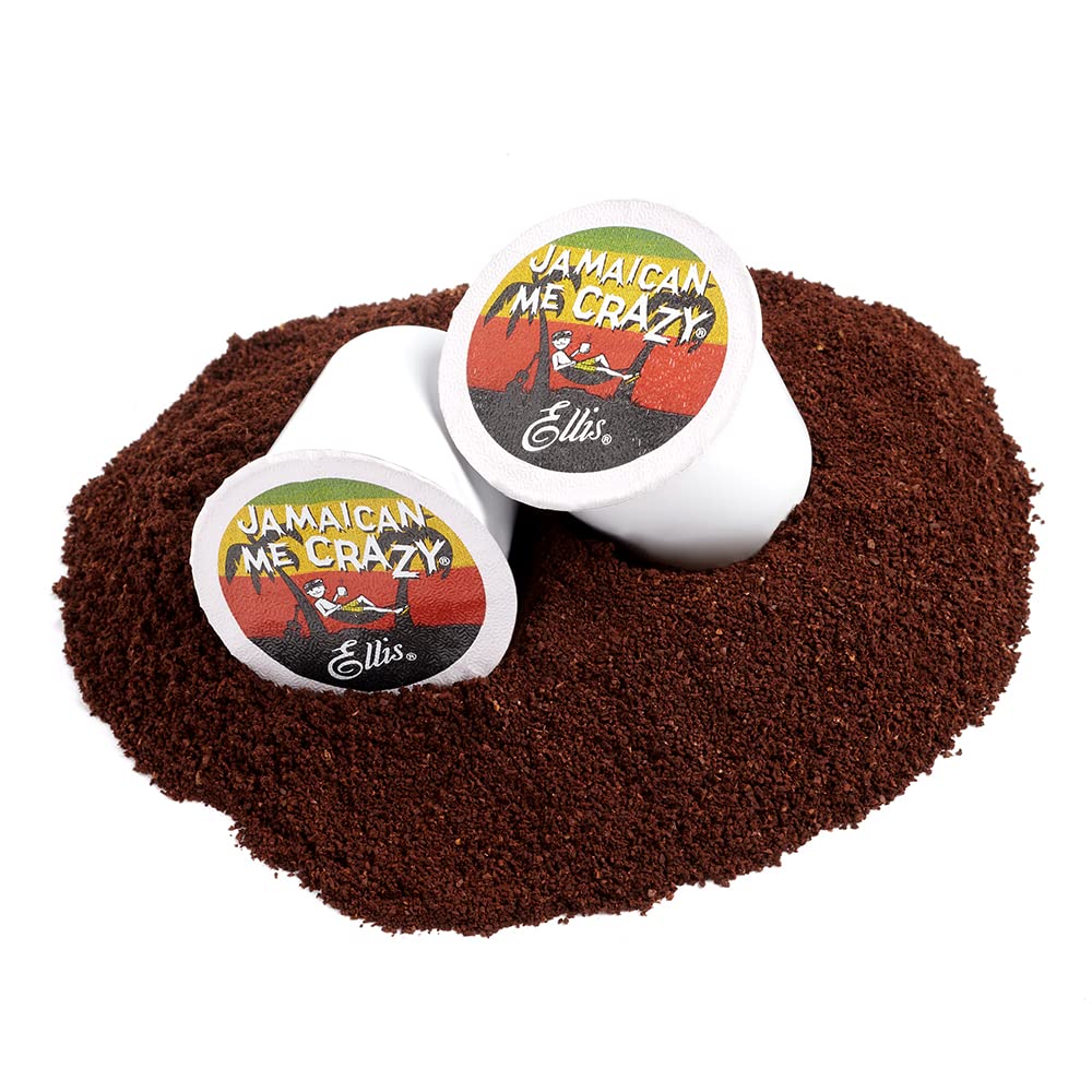 Ellis Coffee Jamaican Me Crazy cups shown; single-serve ease for home or office.