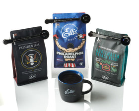 Ellis Coffee Philadelphia Roast steaming cup highlights rich aroma and flavor.