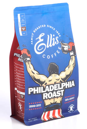 Ellis Coffee Philadelphia Roast packaging front with resealable bag preserves aroma.