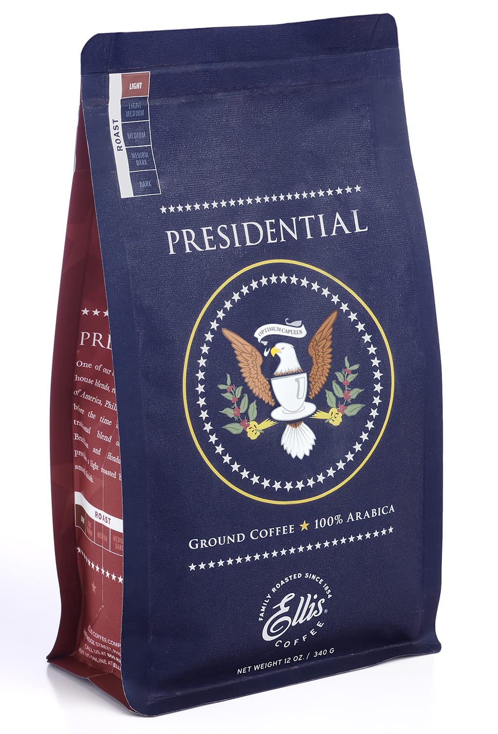 Ellis Coffee Presidential bag front displaying branding for light roast
