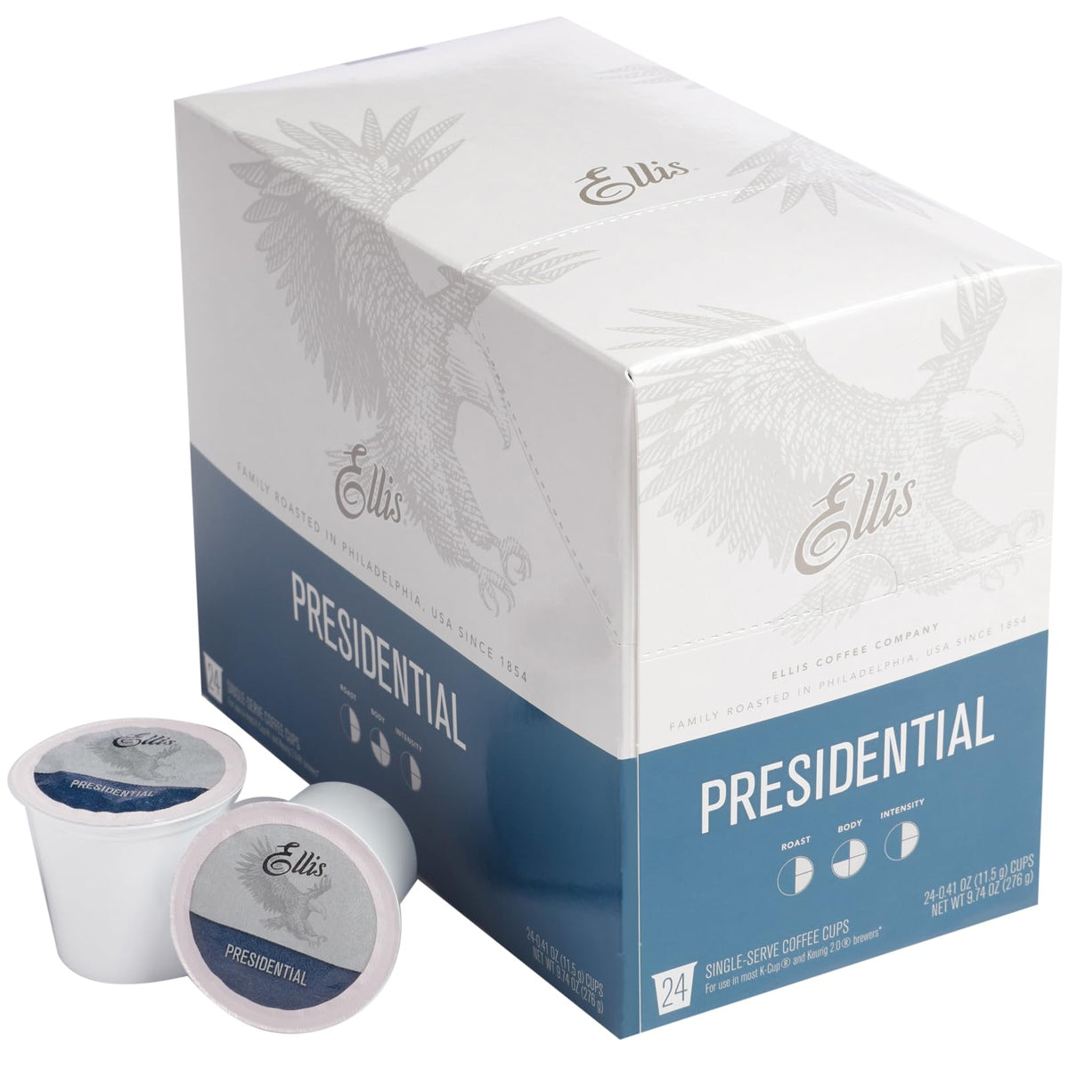 Ellis Coffee Presidential pods box, ready for quick, consistent mornings.