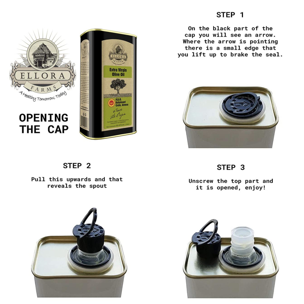 Ellora Farms kosher-certified olive oil packaging and seal.