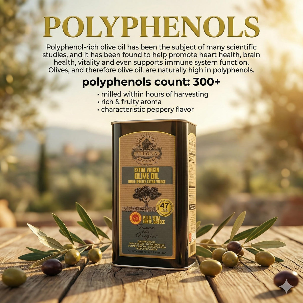 Ellora Farms label with QR code, emphasizing traceability of single estate oil