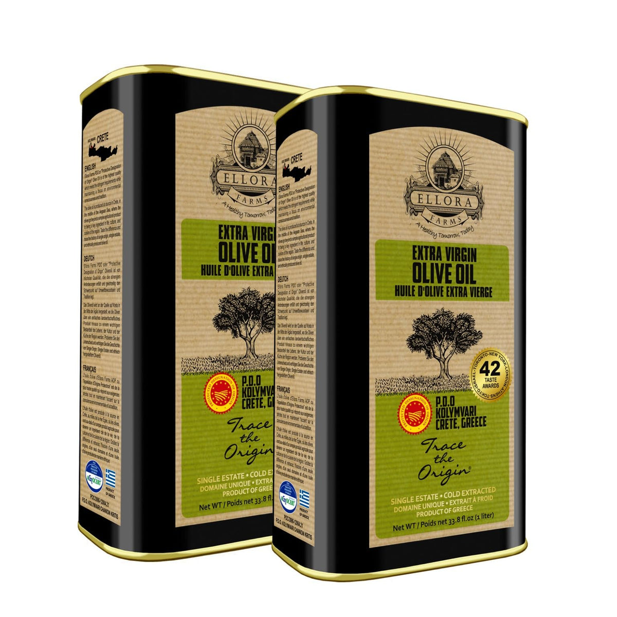 Ellora Farms olive oil bottle label highlighting PDO origin and authenticity.