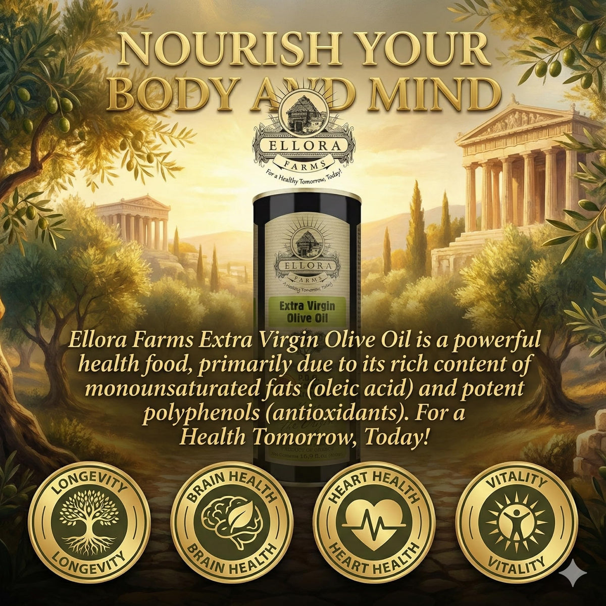 Ellora Farms PDO certification badge on bottle communicates origin integrity and quality.