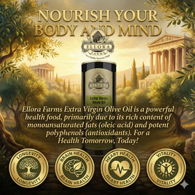 Ellora Farms PDO certification badge on bottle communicates origin integrity and quality.