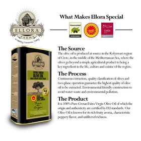 Ellora Farms single-origin Crete oil bottle close-up.