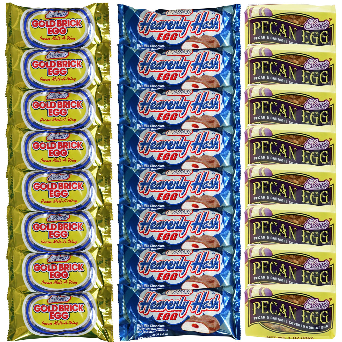 Elmer's Chocolate Heavenly Hash Eggs close-up shows rich shell and textured centers for indulgent snacking.