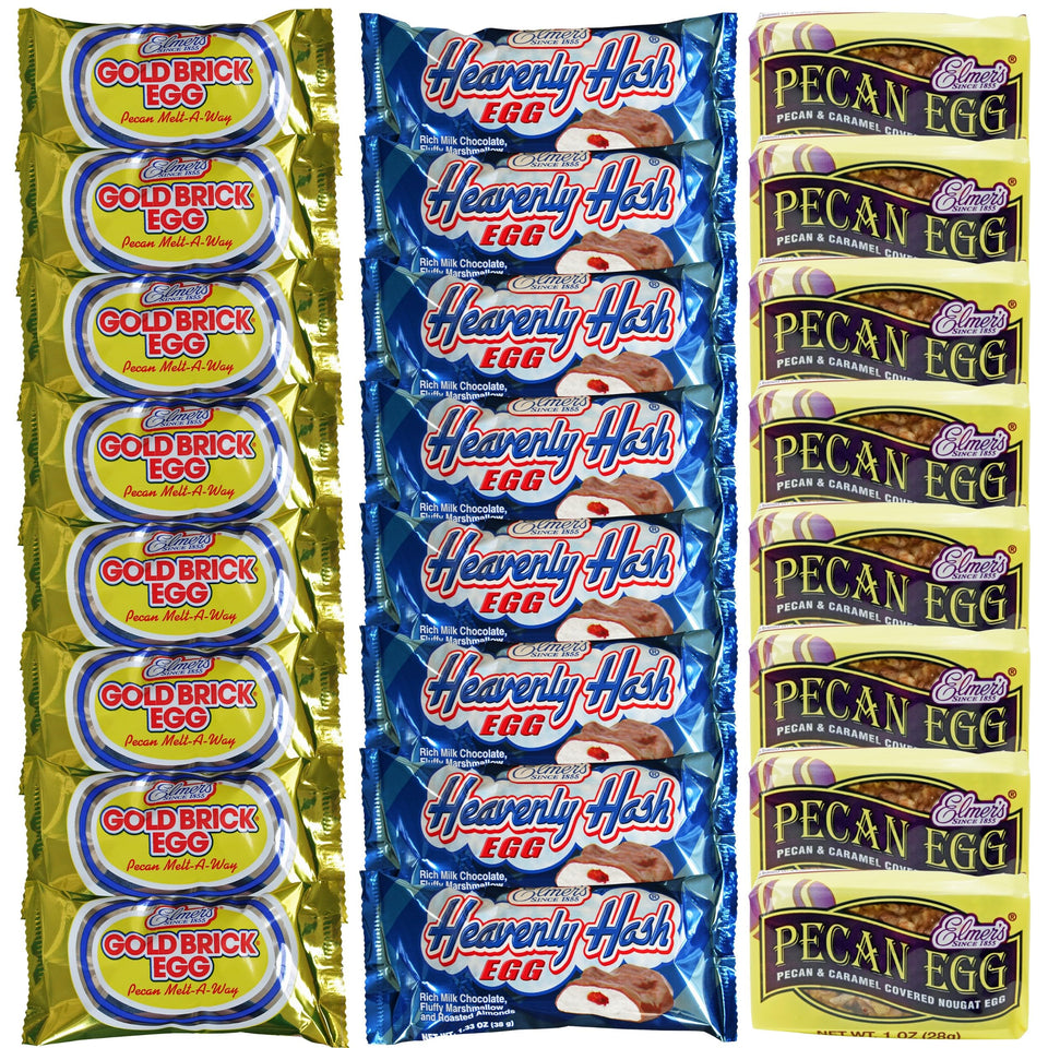 Elmer's Chocolate Heavenly Hash Eggs close-up shows rich shell and textured centers for indulgent snacking.